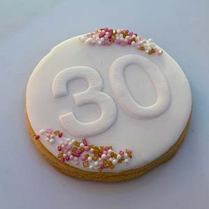White with pink sprinkles 30th birthday cookies
